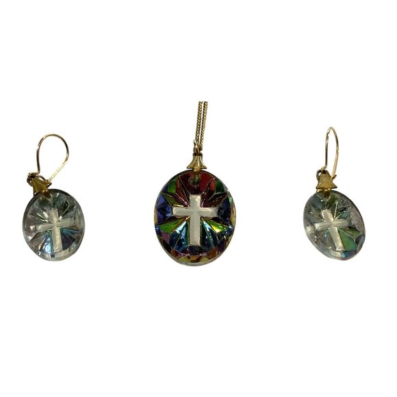 Aurora Borealis Cross Pendant Necklace Earring Set Christian Catholic Religious - Picture 1 of 5